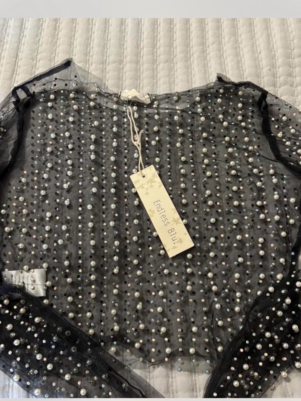 Endless Blu Black Pearl-Embellished Sheer Blouse